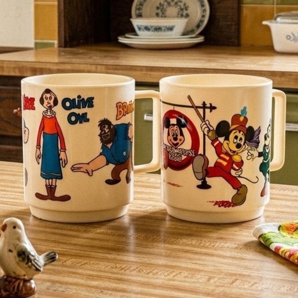 Vintage Popeye and Mickey Mouse DEKA Plastic Mug Set Stackable Collectible
